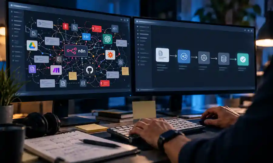 Hands actively typing at a workstation with multiple code screens and sticky notes in view.